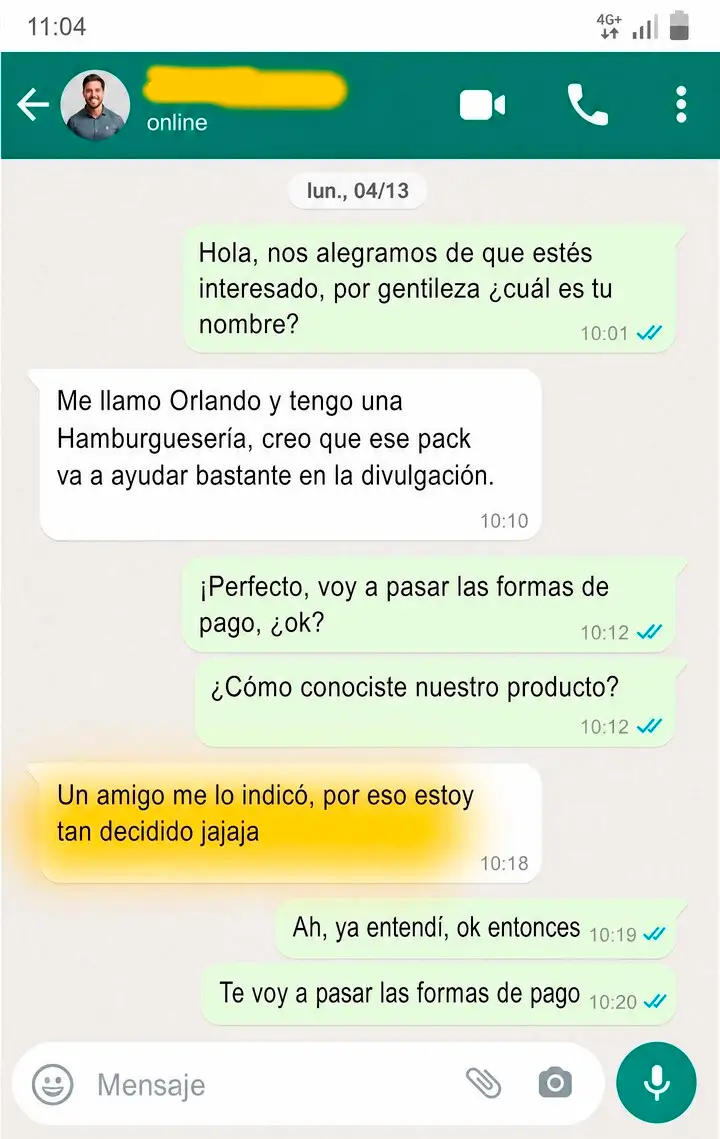Conversación de Orlando decidido a comprar el Pack Hamburguesería