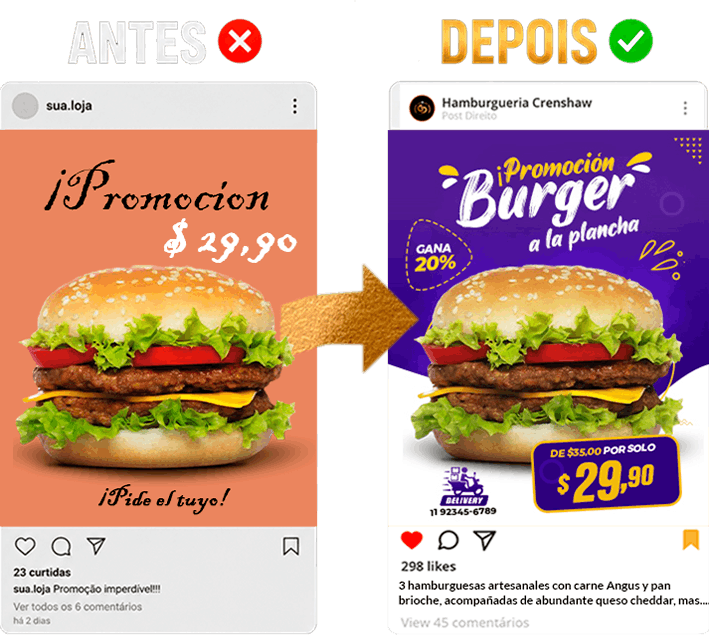 Comparación entre una publicación amateur y un diseño profesional del pack editable