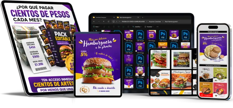 Notebook, tablet y celular mostrando los diseños editables del pack para hamburguesería
