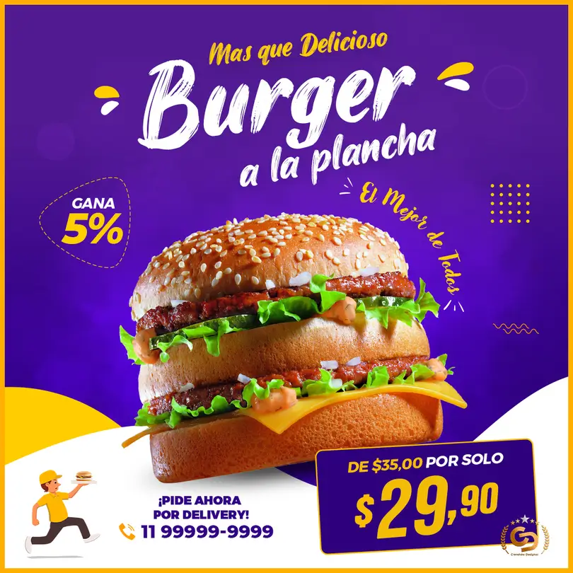 Diseño editable de hamburguesa a la plancha con descuento destacado