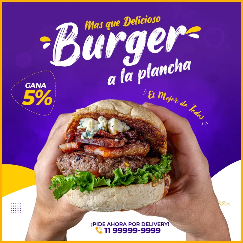 Diseño editable de hamburguesa artesanal con tocino y queso azul