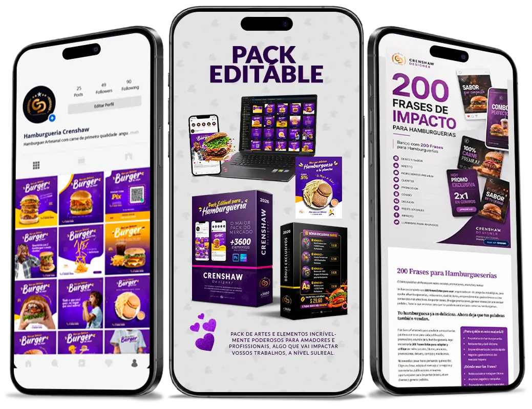 Tres celulares mostrando el pack editable de diseños para hamburguesería