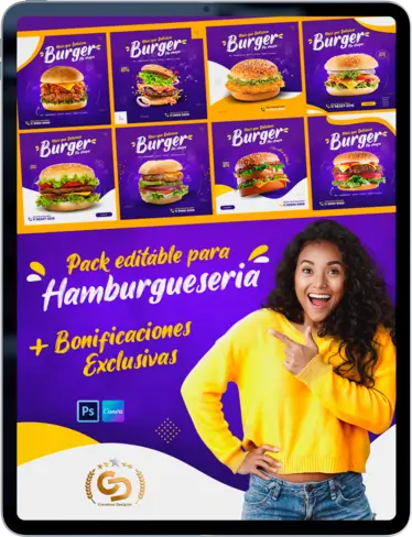 Tablet y celular mostrando el pack completo de diseños editables para hamburguesería